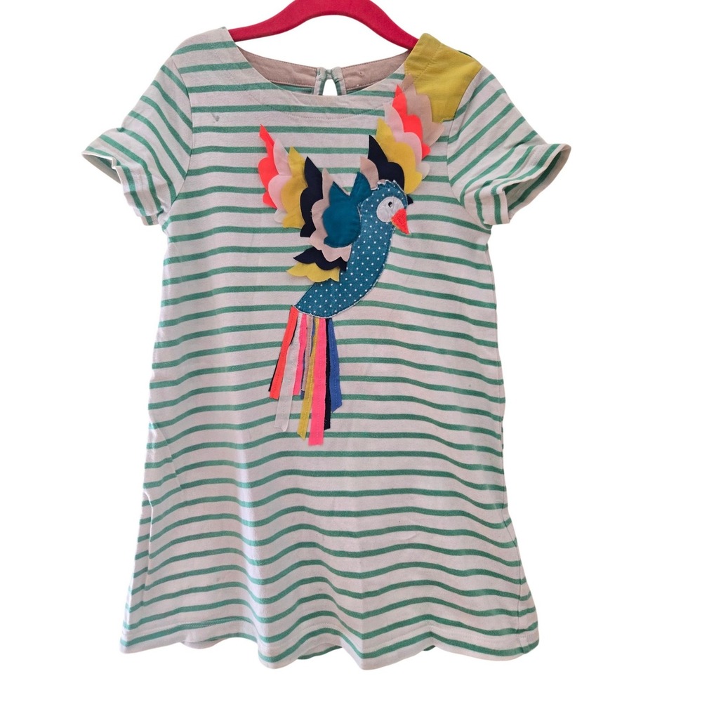 Mini Boden Girls Green White Striped Bird Applique‎ Jersey Dress Size 4-5Y